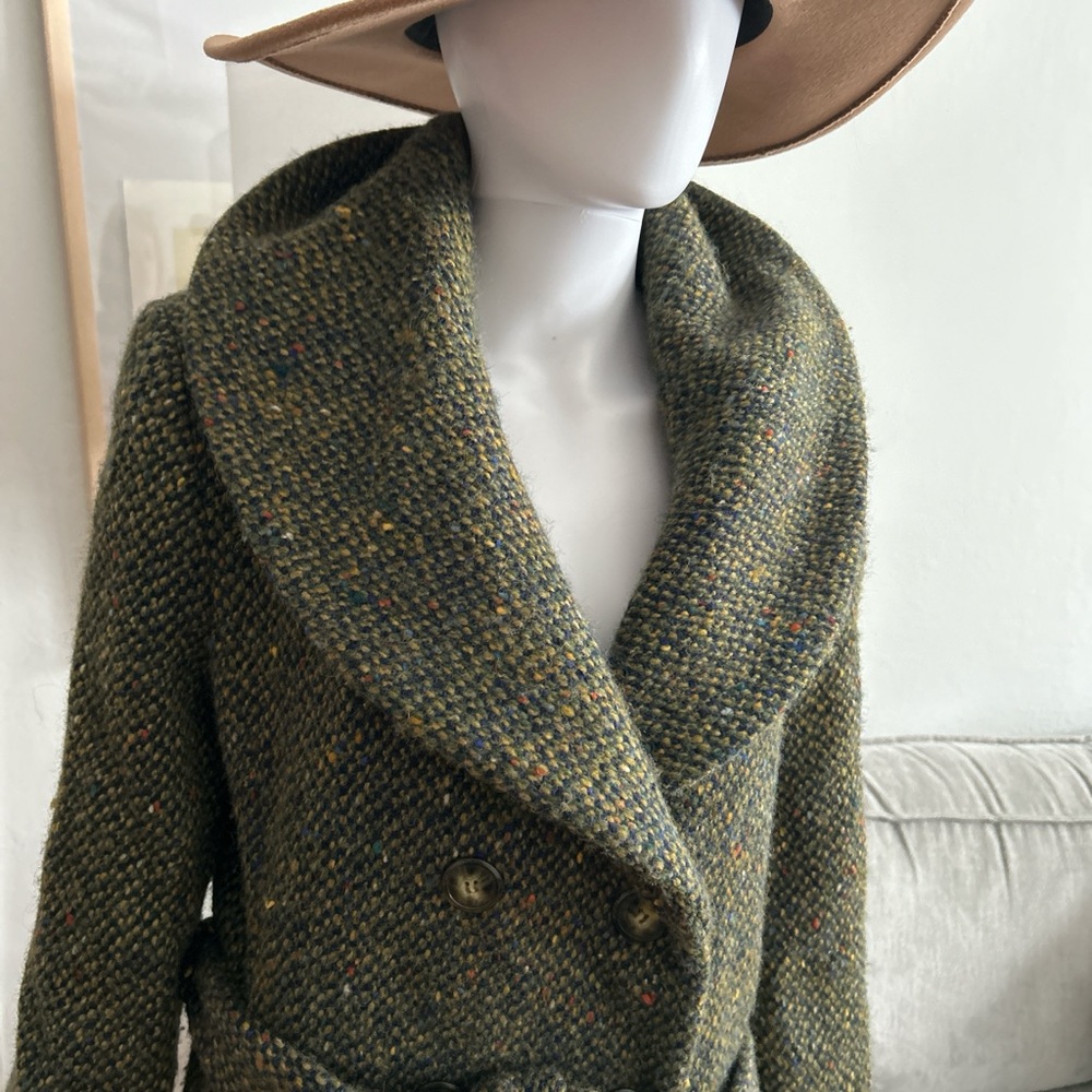 Sold‼️Searle Vintage Irish Wool Herringbone Shawl Collar Green  Long Coat 12 - Picture 15 of 17